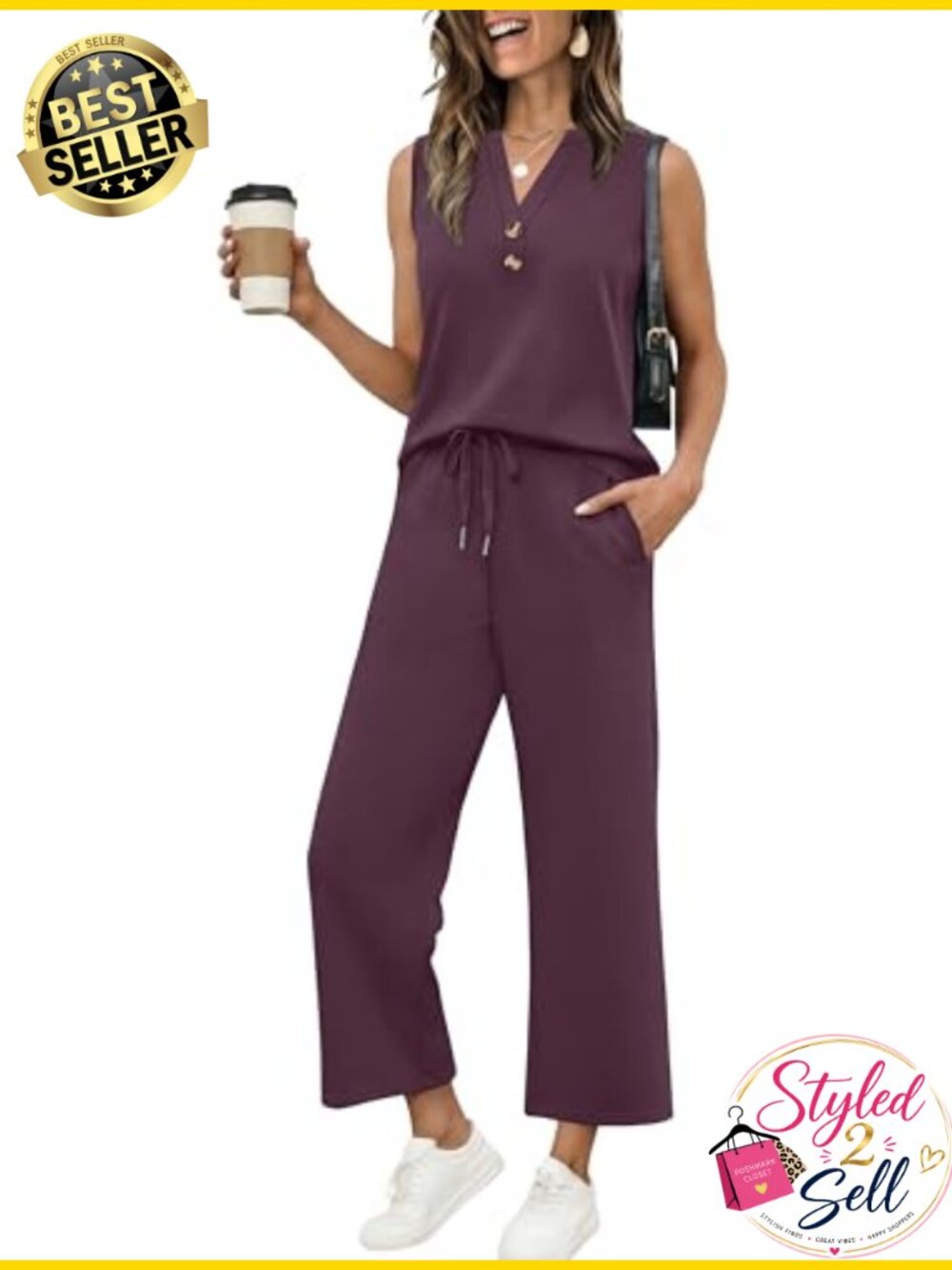 Two Piece Lounge Set V-Neck Tank Top Cropped Wide Leg Pants Women Summer Travel